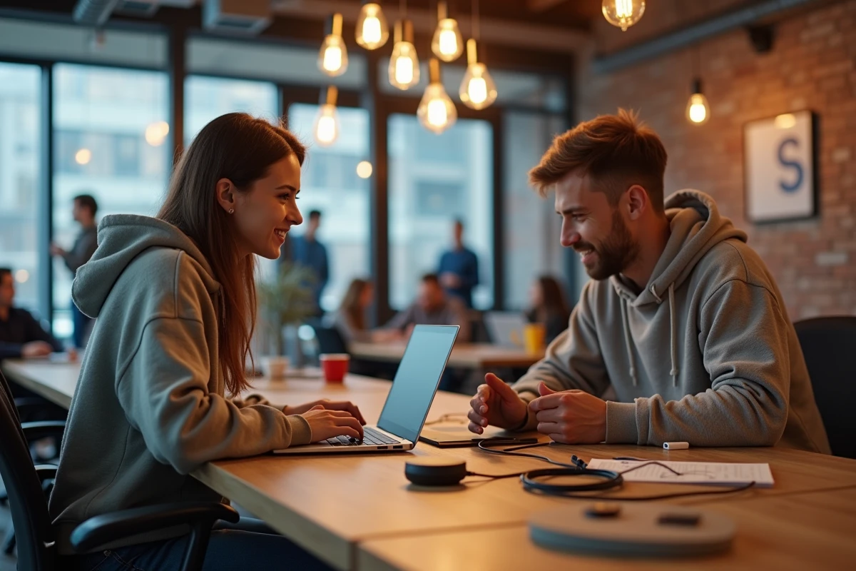 Deux jeunes professionnels discutant d'innovations technologiques autour d'un bureau collaboratif dans un espace de co-working urbain