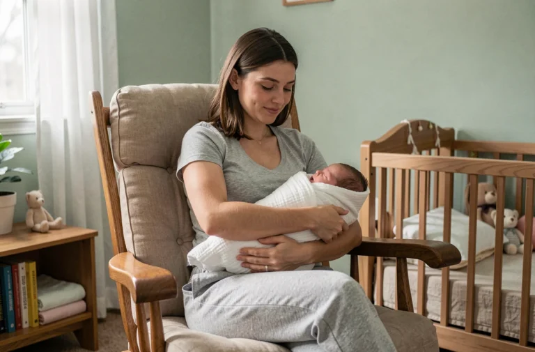 Jeune maman tenant son nouveau-né emmailloté dans une chambre de bébé décorée avec soin, assise dans un rocking chair en bois