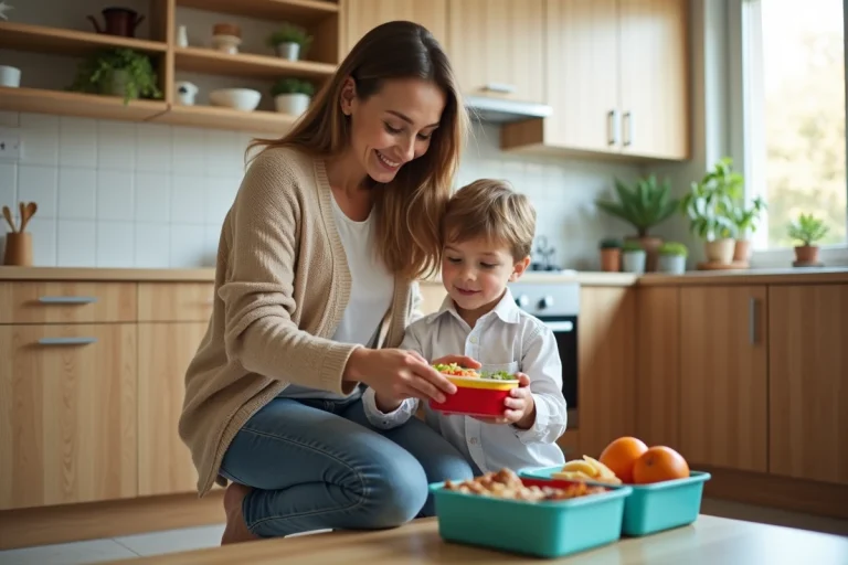 Maman souriante avec son enfant préparant le déjeuner dans la cuisine