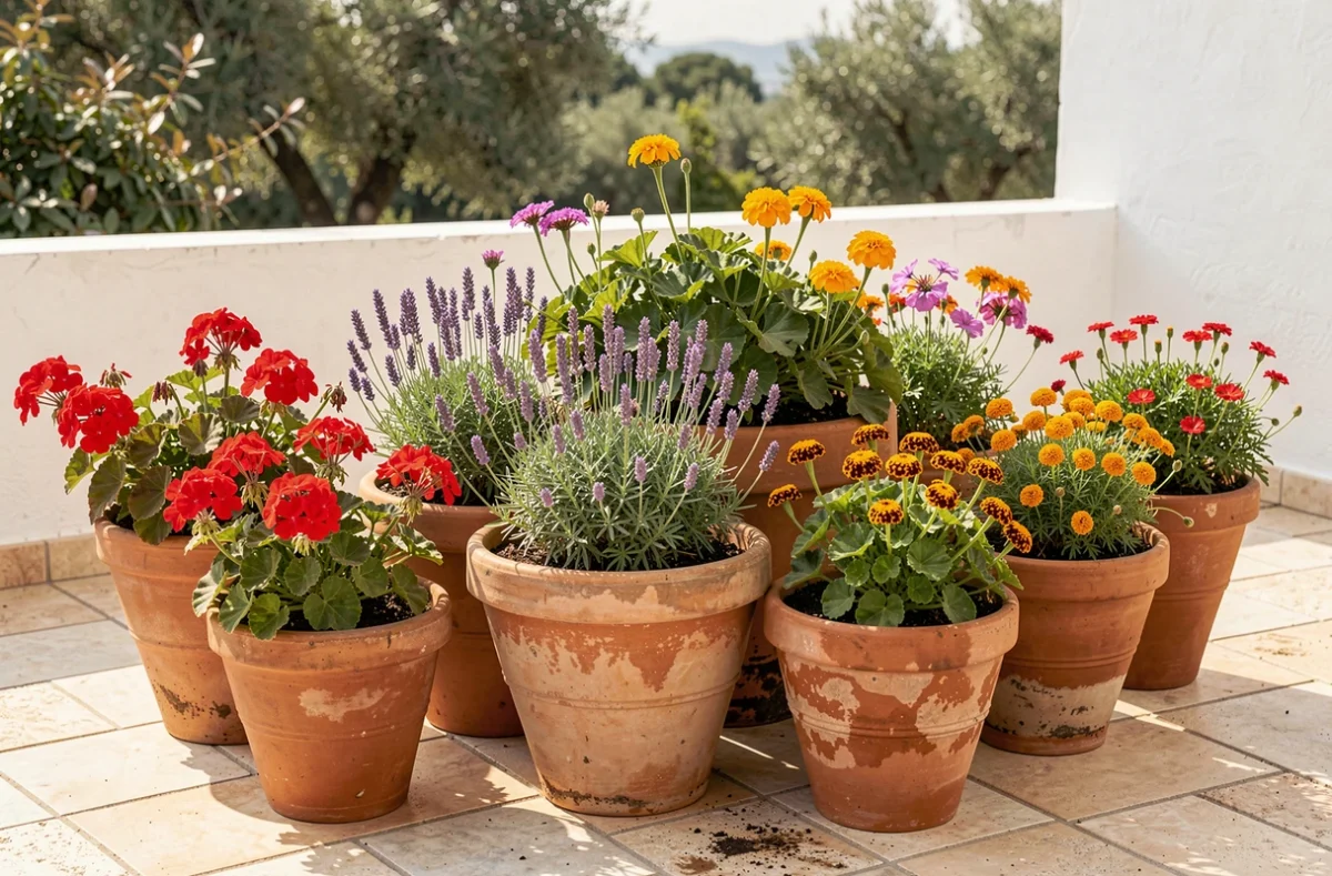 Massifs de fleurs colorées en pots en céramique et terre cuite groupés sur une terrasse ensoleillée