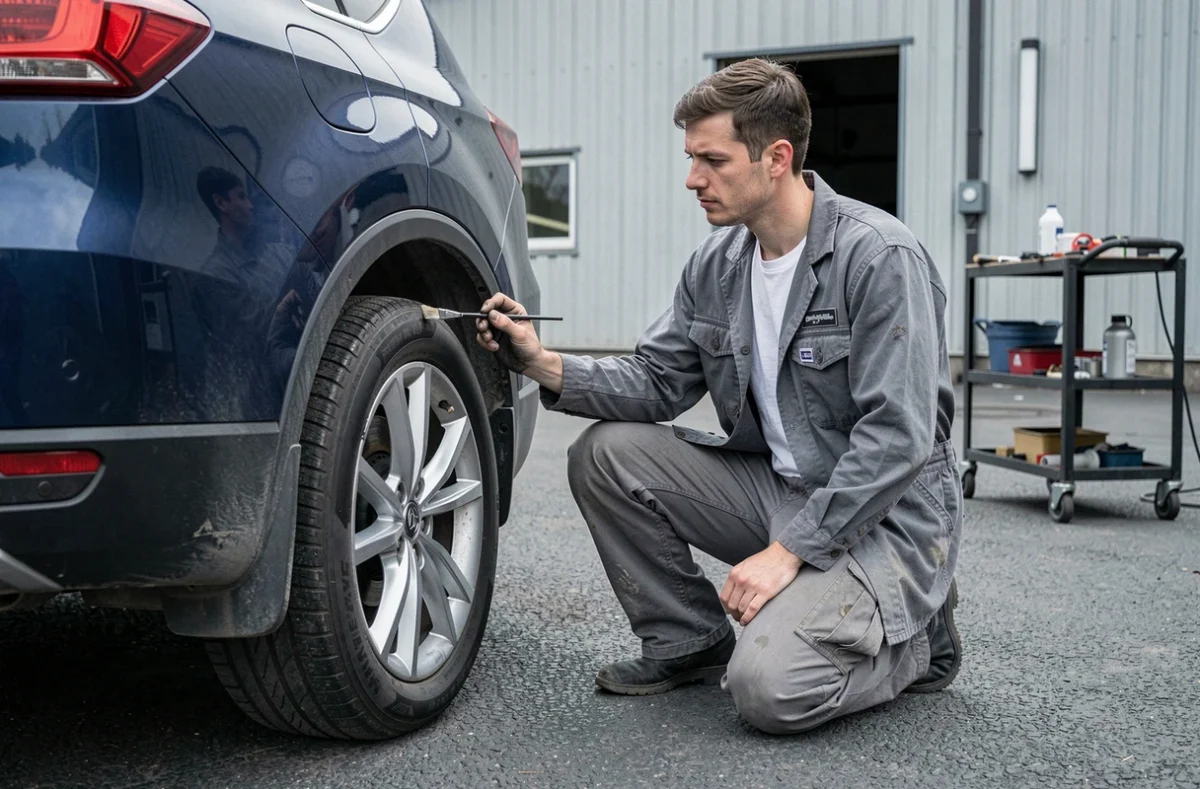 Mécanicien appliquant de la peinture de retouche sur un SUV bleu dans une cour de carrosserie extérieure