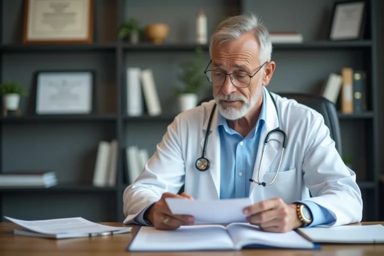 Médecin examinant un dossier médical dans un cabinet de consultation, symbolisant le diagnostic d'une maladie sérieuse