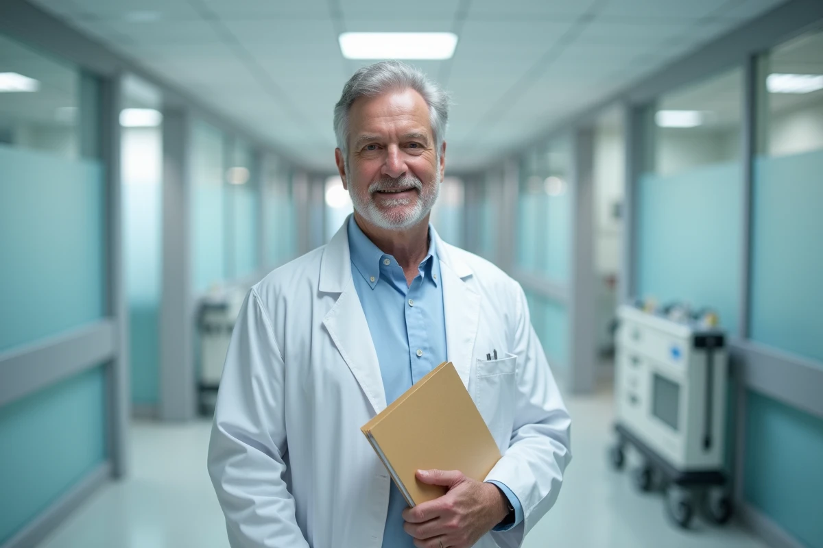 Médecin généraliste dans un couloir d'hôpital moderne tenant un dossier médical, illustrant le contexte médical autour des informations sur la santé d'Alain Madelin
