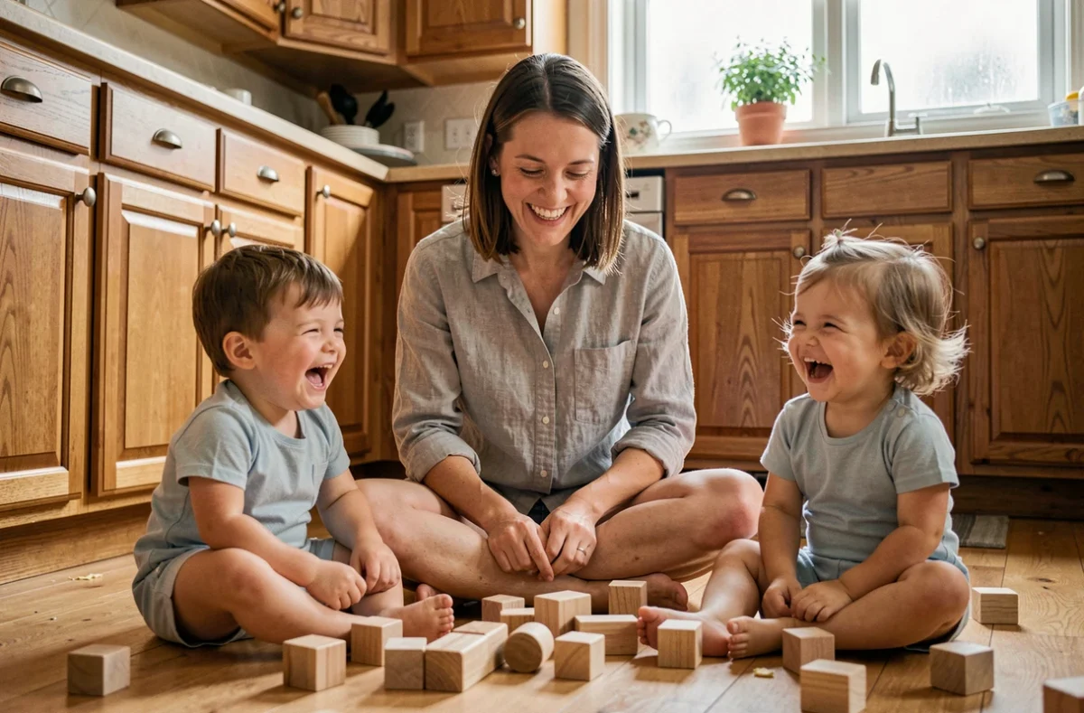 Mère assise par terre avec ses jumeaux en bas âge dans une cuisine en bois chaleureuse, tous trois riant entourés de cubes en bois