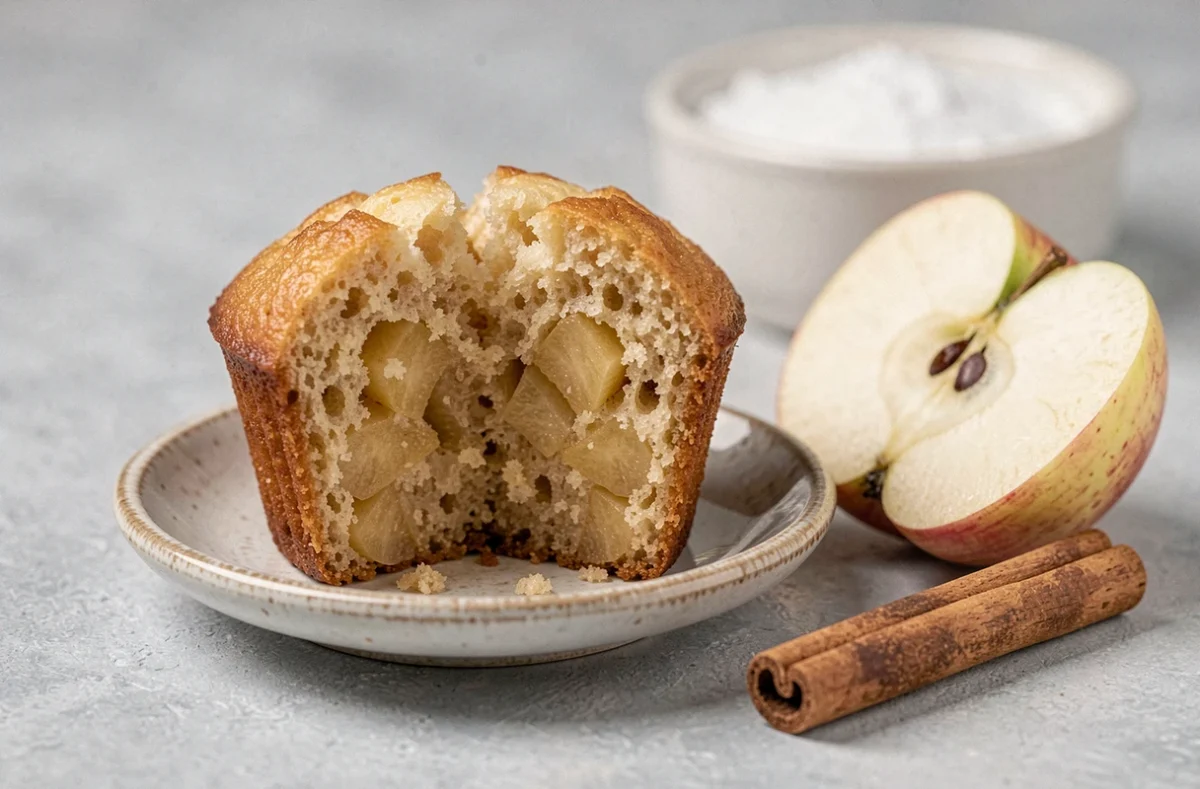 Muffin aux pommes coupé en deux révélant un cœur moelleux et des morceaux de pomme fondants, recette Cyril Lignac
