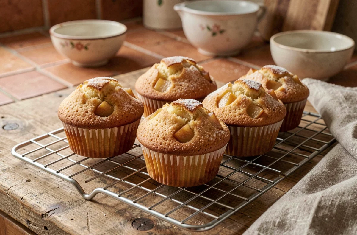 Muffins aux pommes dorés et moelleux refroidissant sur une grille en cuisine rustique, recette de Cyril Lignac