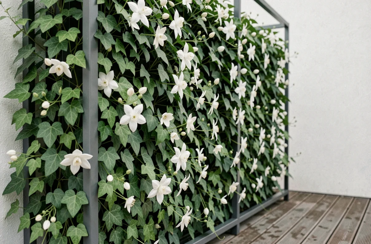 Mur végétal avec plantes grimpantes et fleurs de jasmin sur une terrasse contemporaine