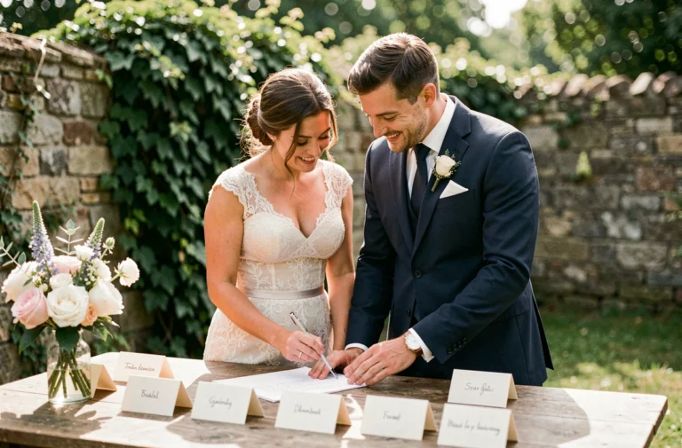 Couple de mariés souriant en train d'organiser les derniers détails de leur mariage dans un jardin rustique avec décoration florale