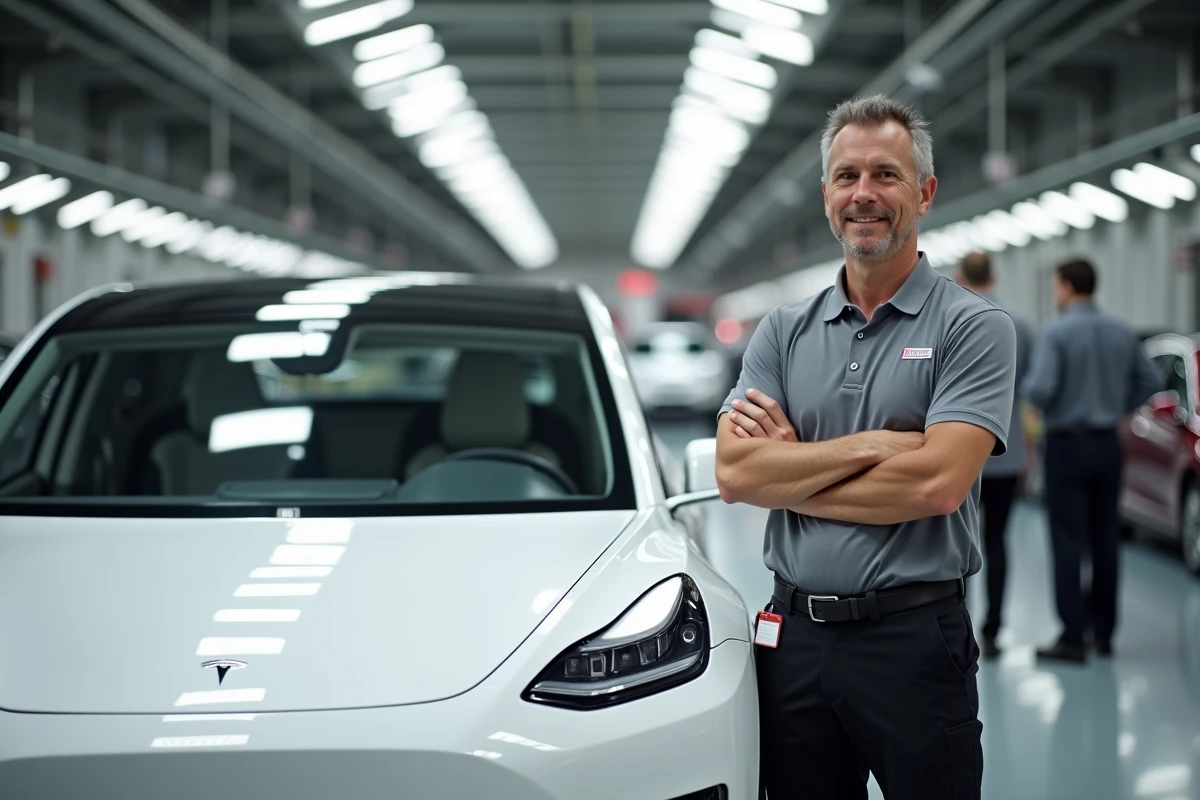 Ouvrier Tesla posant fièrement à côté d'une voiture électrique terminée dans le hall d'expédition d'une usine de production