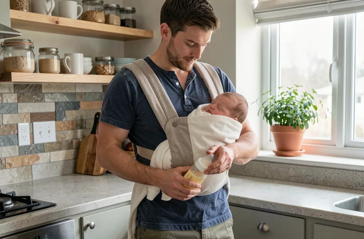 Papa préparant un biberon avec son nouveau-né endormi dans un porte-bébé dans une cuisine familiale moderne