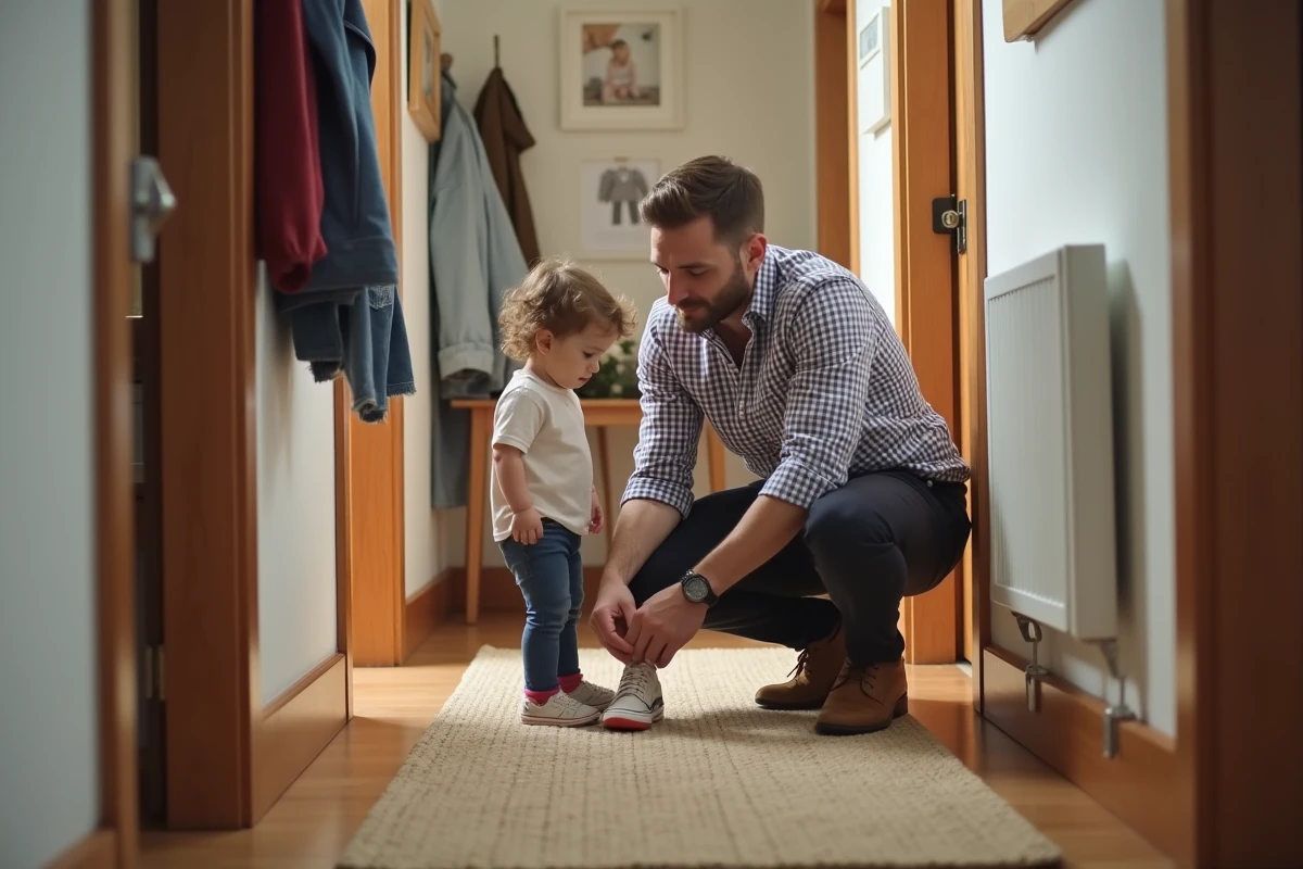 Papa aidant sa fille à lacer ses chaussures dans le couloir