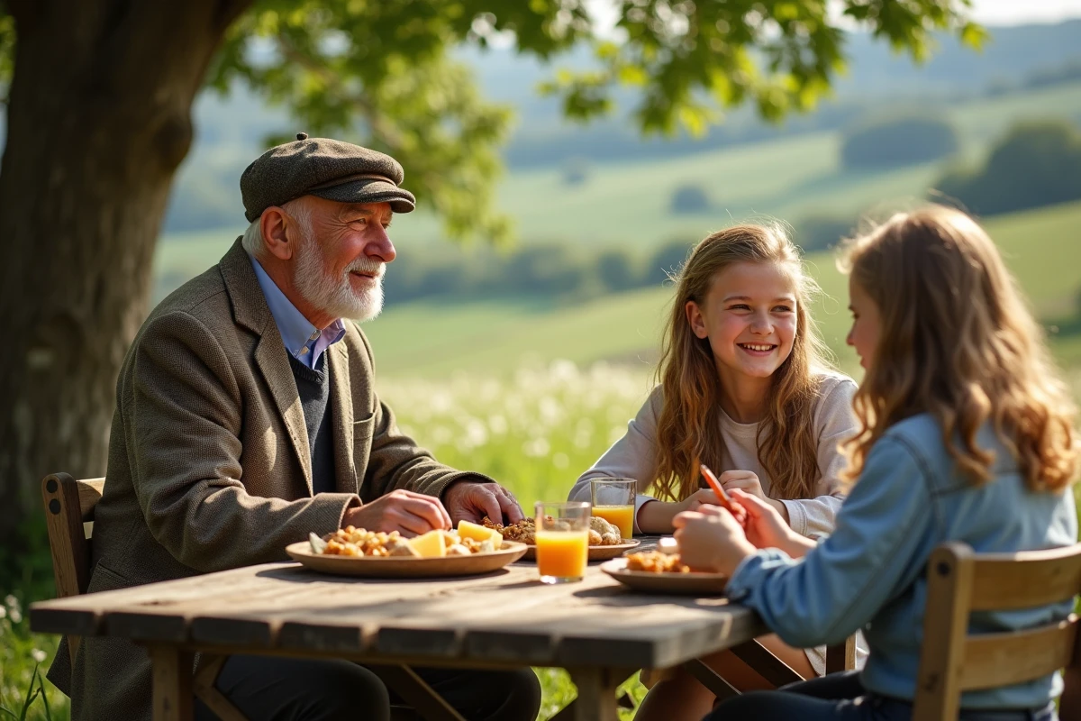 Homme et jeune fille partageant un repas en extérieur