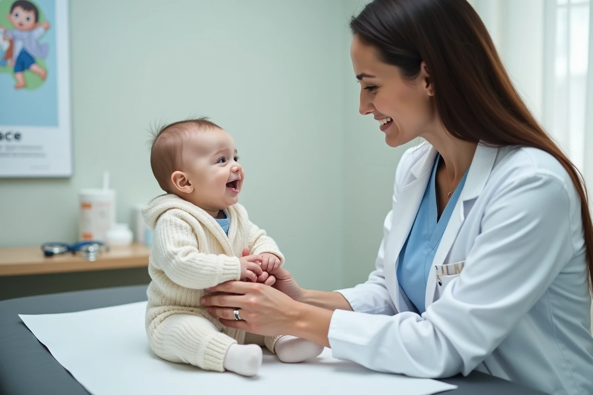 Pédiatre examinant un bébé souriant lors d'une consultation médicale de routine