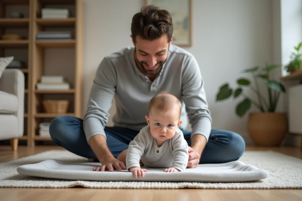 Père jouant avec son bébé de six mois sur un tapis d'éveil dans un salon moderne