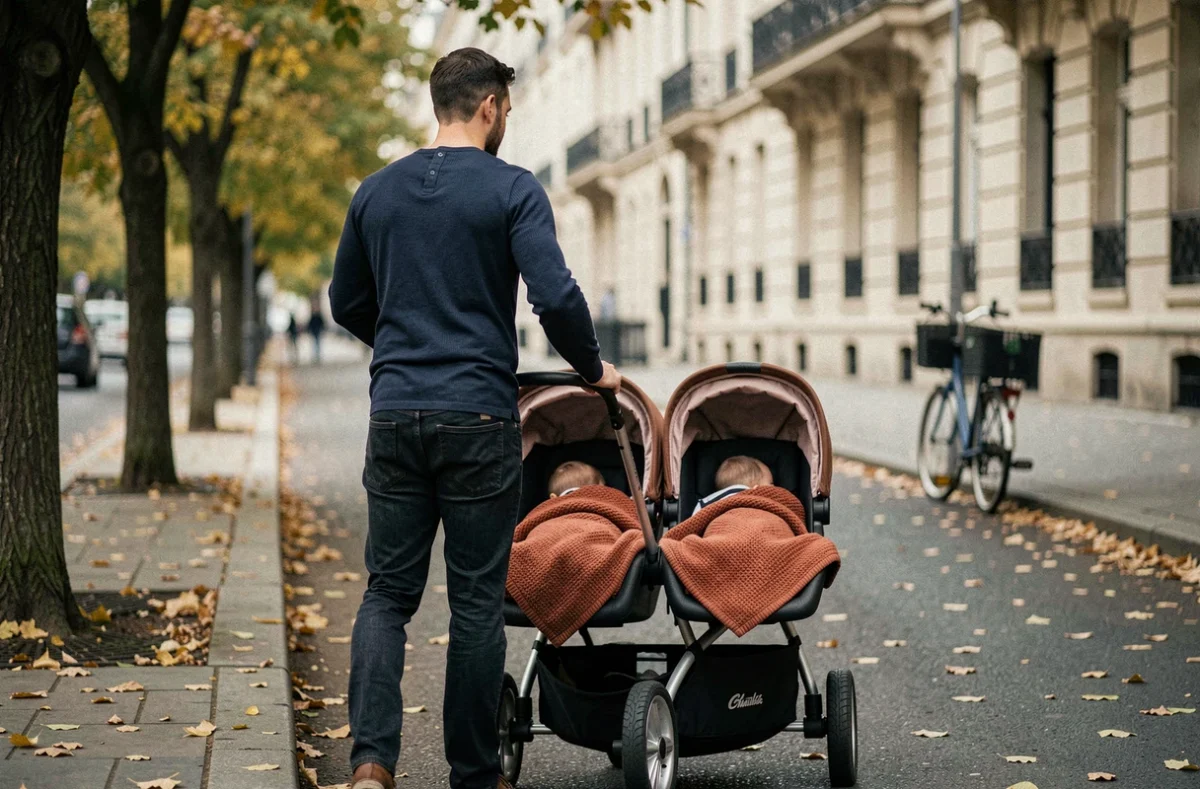 Père promenant des jumeaux endormis dans une poussette double sur un trottoir parisien bordé d'arbres aux feuilles automnales