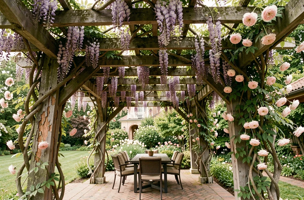 Pergola en bois habillée de glycine et roses grimpantes créant un toit végétal sur une terrasse
