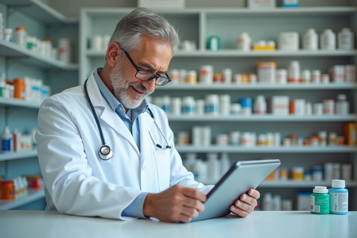 Pharmacien souriant avec tablette en pharmacie