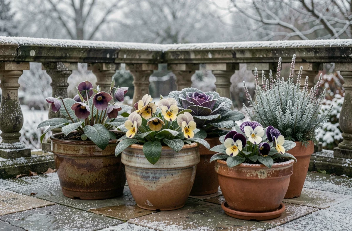 Plantes fleuries résistantes au gel comme hellébores et pensées en pots sur une terrasse hivernale