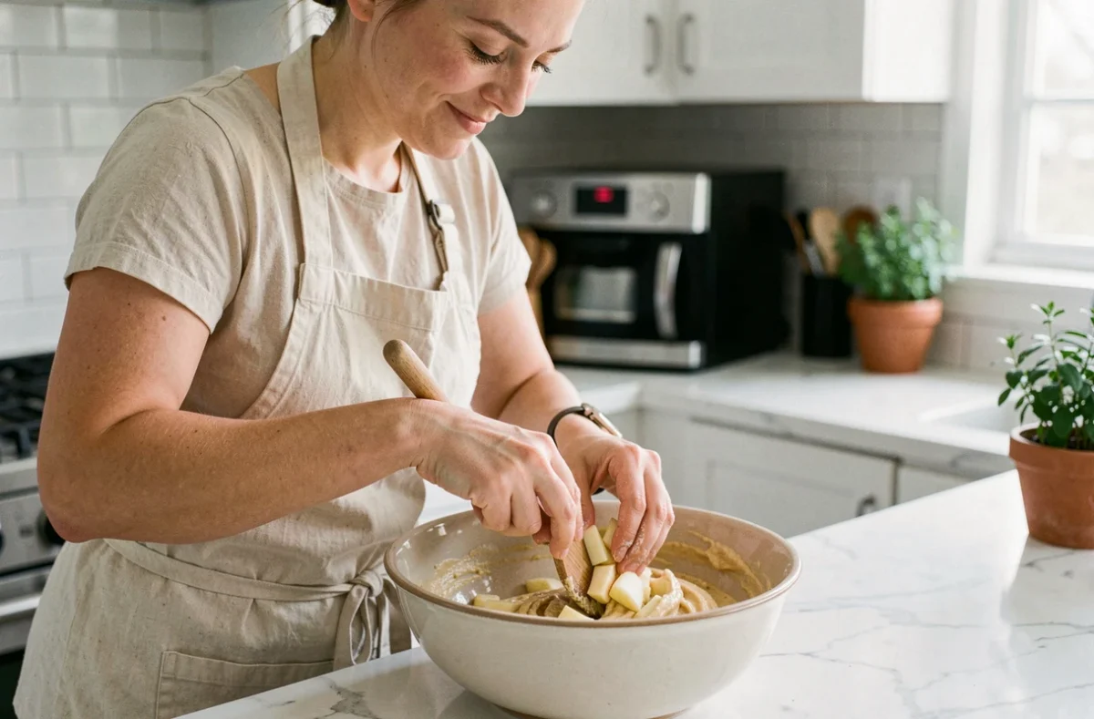 Femme préparant la pâte à muffins aux pommes dans un bol en céramique, étape de la recette de Cyril Lignac