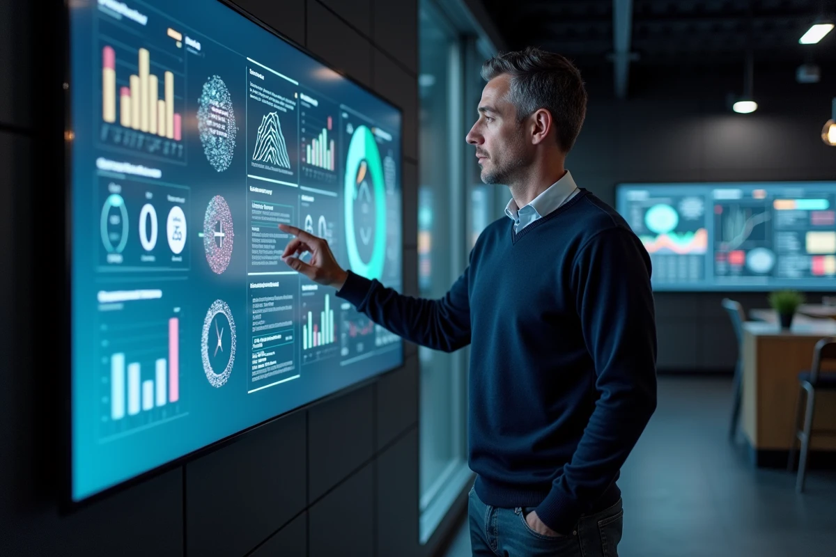 Professionnel de la tech interagissant avec un mur d'écrans tactiles affichant des tableaux de bord de données dans un showroom technologique