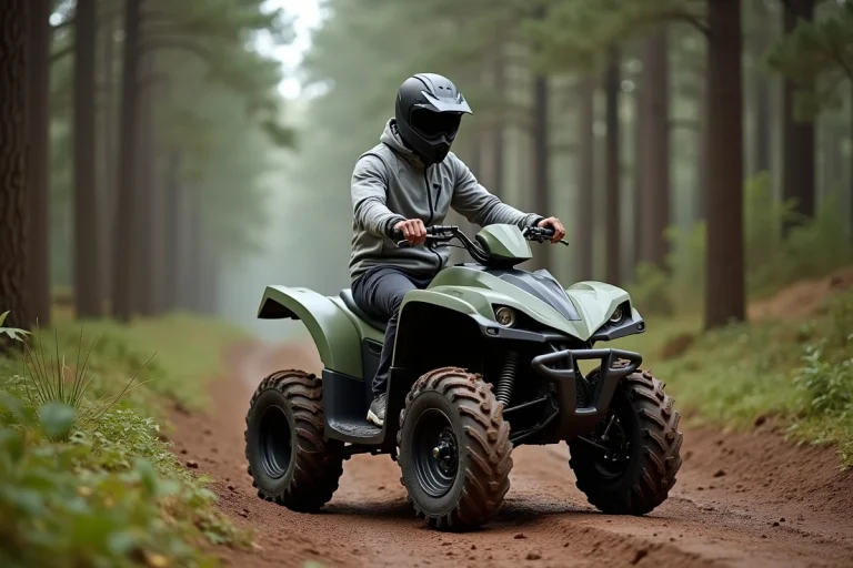 Homme adulte sur un quad électrique vert mâte en forêt, vue 3/4 avec équipement de protection complet