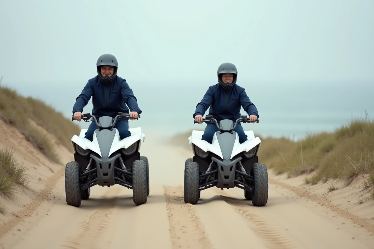 Deux adultes en quad électrique blanc et gris sur un sentier côtier sablonneux avec vue sur la mer