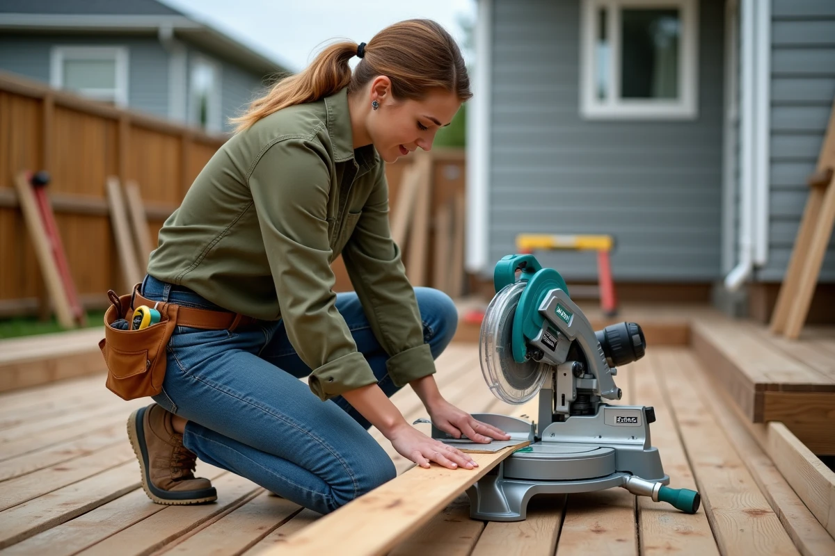 Femme artisane mesurant une planche après découpe avec la scie Makita LS1018L sur un chantier de terrasse