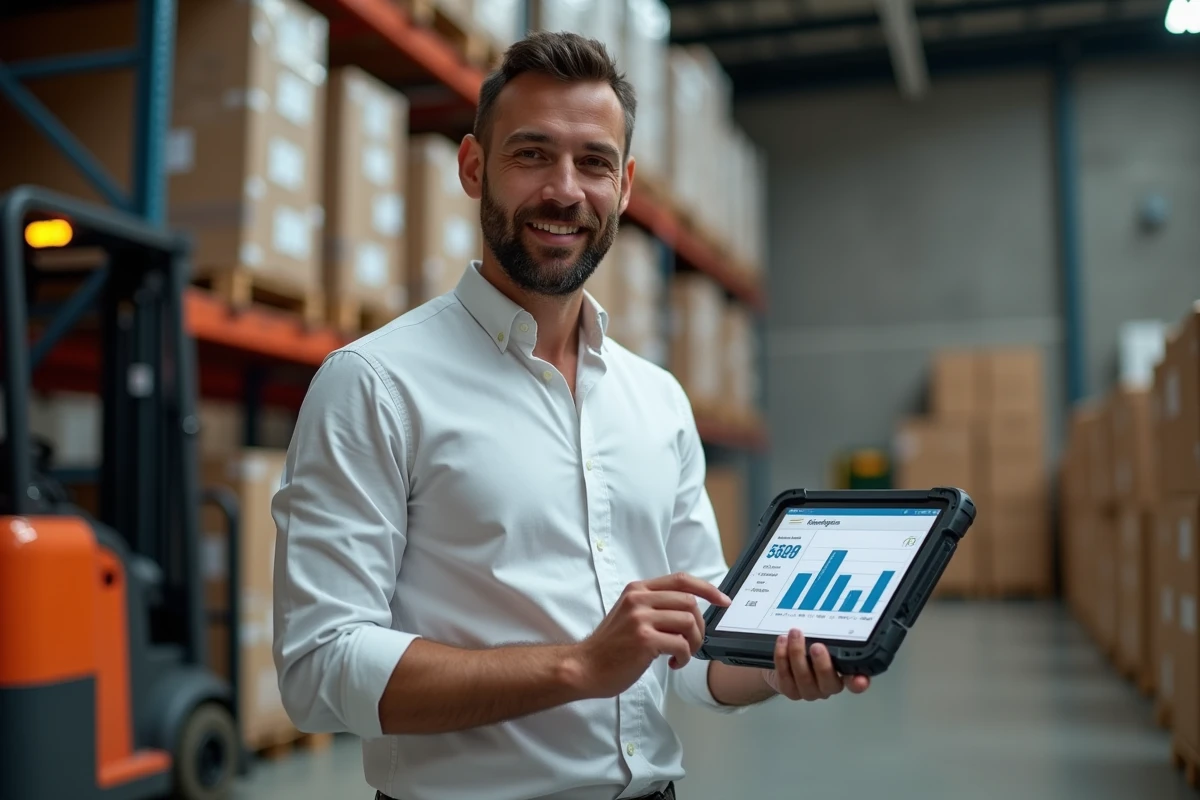 Responsable logistique consultant un ERP de gestion des stocks sur tablette dans un entrepôt industriel