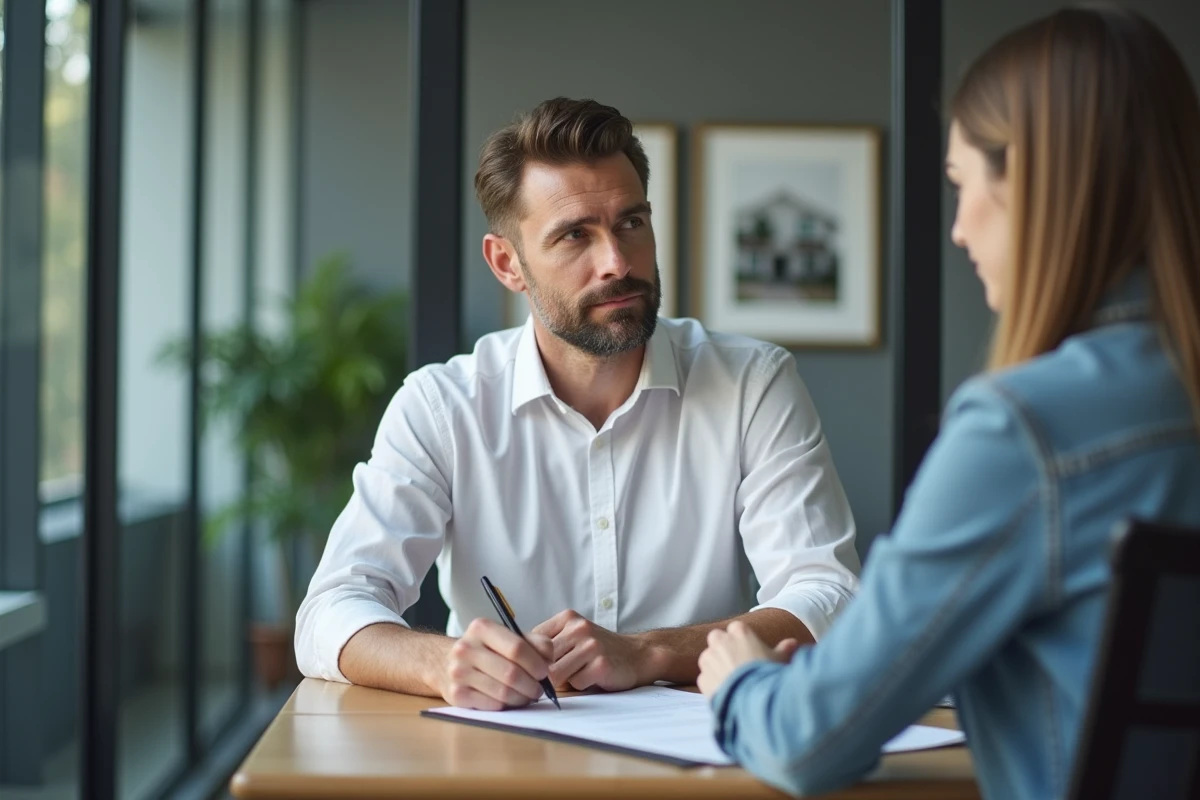 Homme signant un contrat de location immobilière avec un agent dans une agence professionnelle