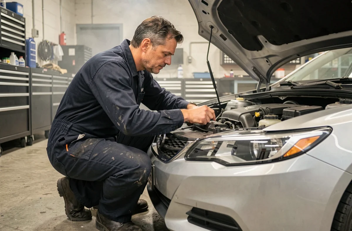 Technicien automobile inspectant le moteur d'une berline dans un garage professionnel propre et organisé