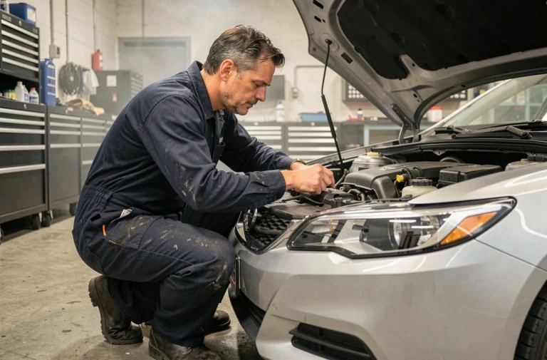 Technicien automobile inspectant le moteur d'une berline dans un garage professionnel propre et organisé