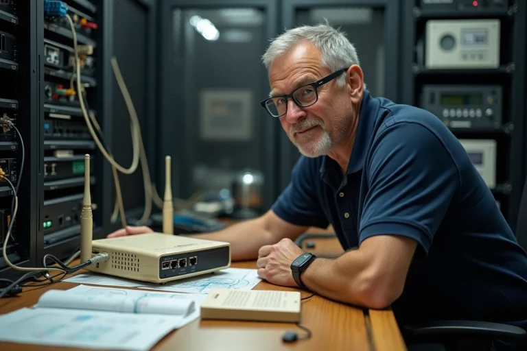 Technicien informatique inspectant un ancien routeur Wi-Fi Legacy dans une salle serveur avec équipements réseau vintage