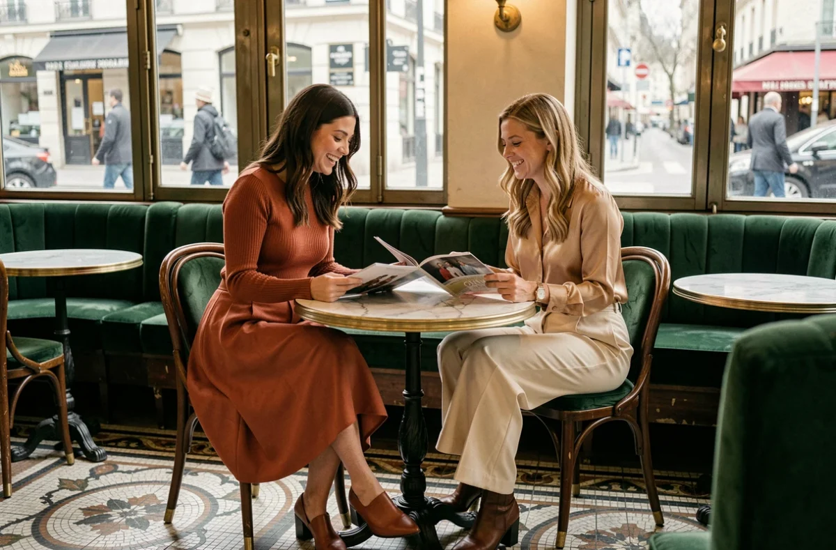 Deux femmes stylées aux looks tendance saisonniers attablées dans un café parisien élégant