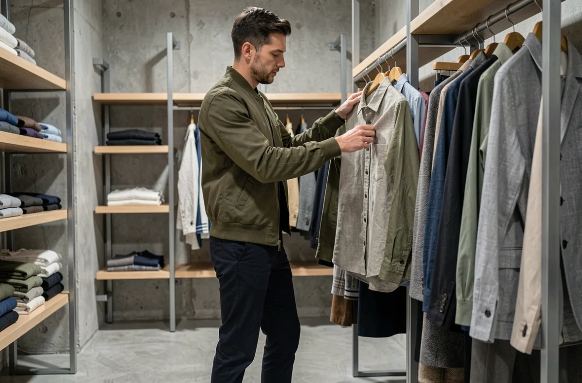 Homme tendance en bomber kaki explorant les nouvelles collections dans un concept store minimaliste