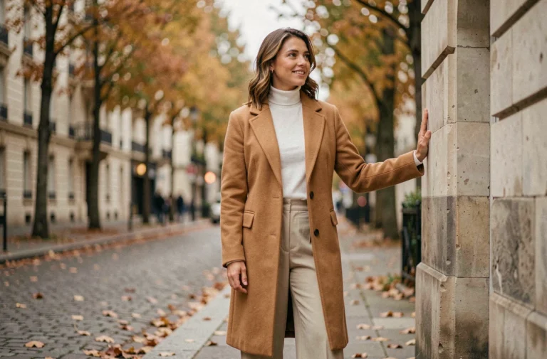 Femme élégante en manteau camel tendance automnale dans une rue pavée parisienne