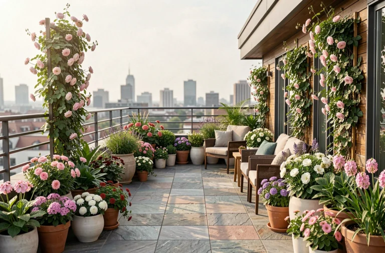 Terrasse fleurie moderne et élégante avec plantes en pots, treillis végétalisé et mobilier contemporain