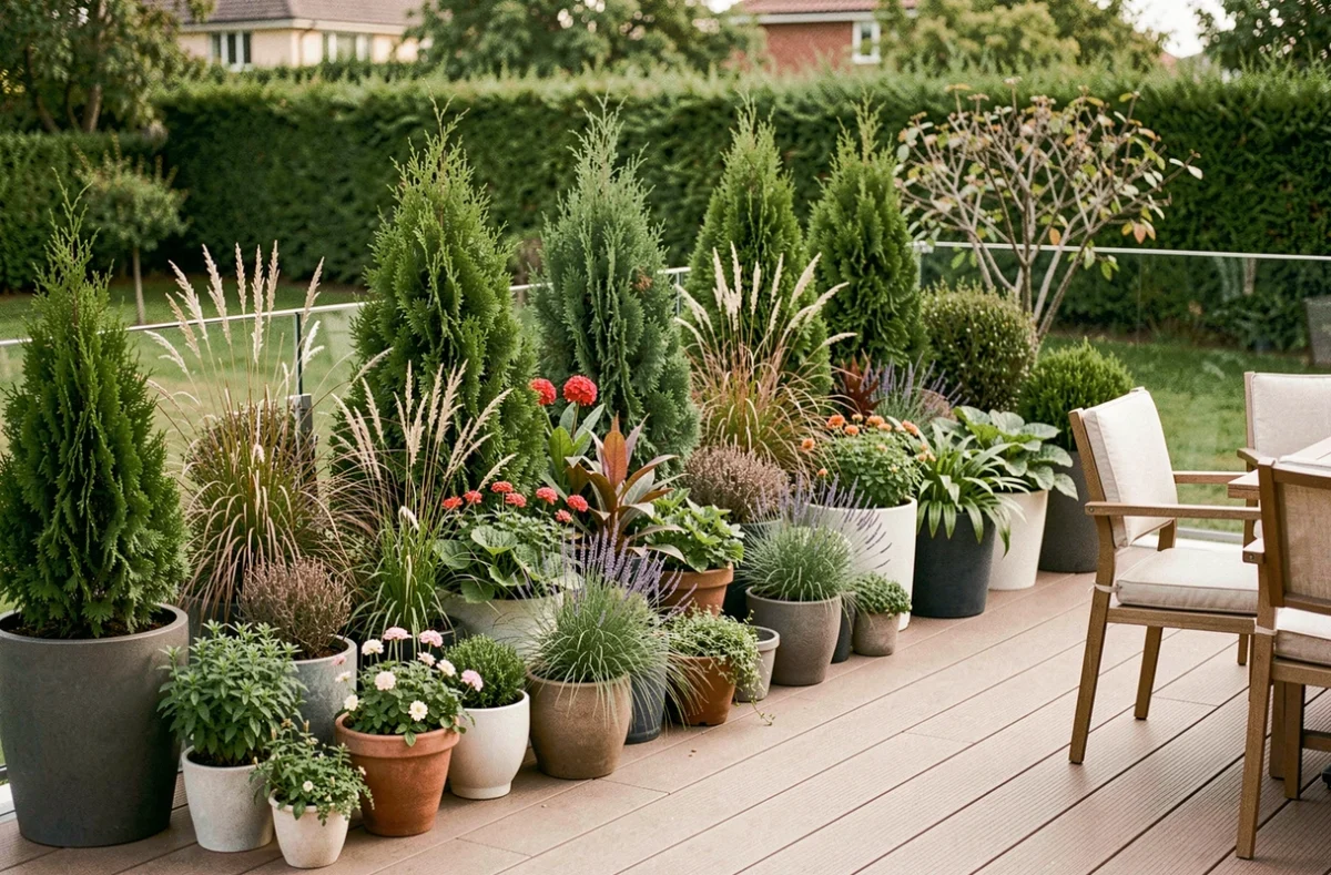 Terrasse végétalisée toute l'année avec mélange de plantes persistantes, graminées et fleurs saisonnières