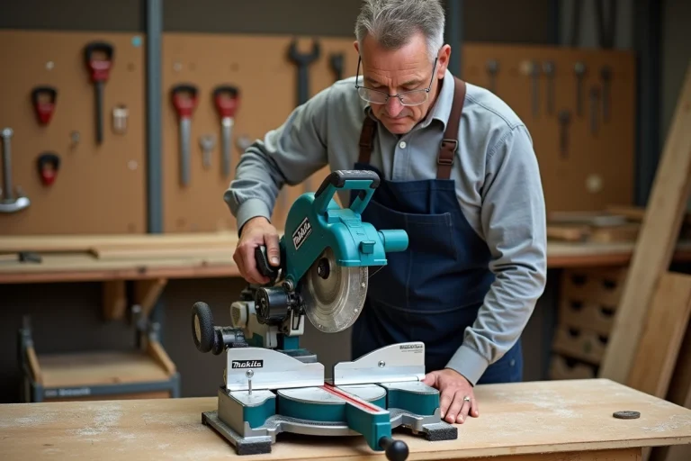 Menuisier professionnel utilisant une scie à onglets Makita LS1018L dans un atelier de menuiserie