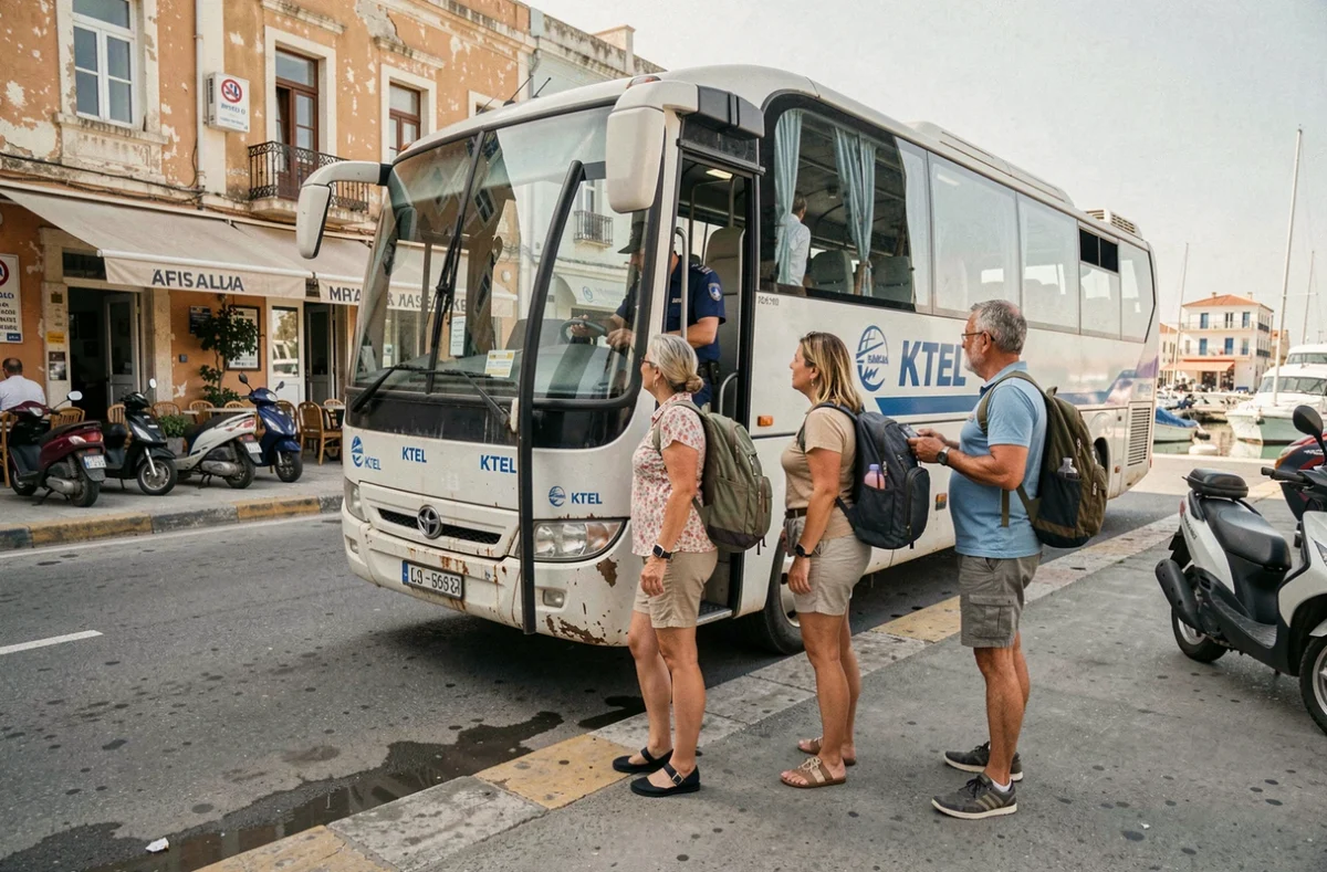 Groupe de touristes montant dans un bus régional KTEL au port d'Héraklion en Crète