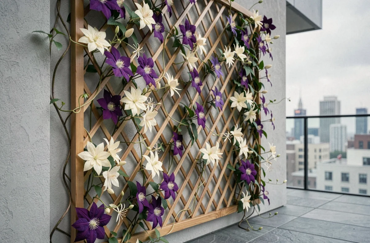 Treillis en bois sur une terrasse moderne recouvert de clématites et chèvrefeuille en fleurs