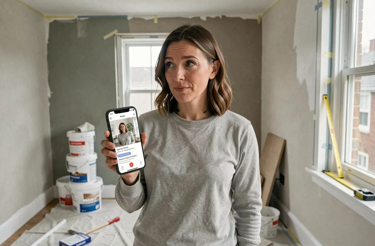 Femme cherchant un expert en décoration à petit prix sur son smartphone dans un salon en cours de rénovation