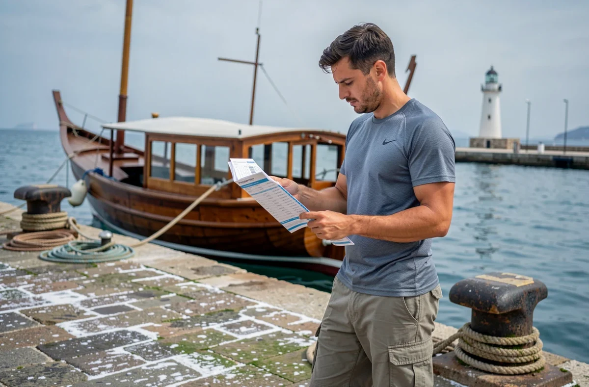 Voyageur solo consultant un horaire de ferry au quai de Réthymnon avec un caïque traditionnel amarré en arrière-plan