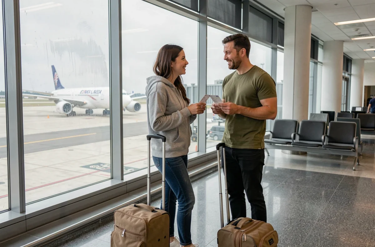 Deux voyageurs en discussion devant une baie vitrée d'aéroport avec un avion visible en arrière-plan, symbolisant le choix du transport aérien