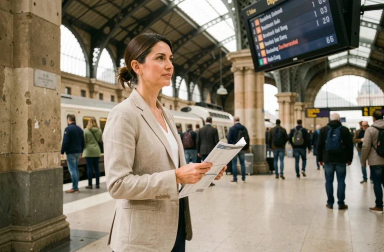 Femme consultant un itinéraire de voyage sur un quai de gare française animée, illustrant le choix du transport en train