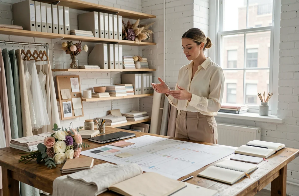Organisatrice de mariage professionnelle planifiant les détails d'un mariage dans un studio élégant avec tableaux d'inspiration et échantillons floraux